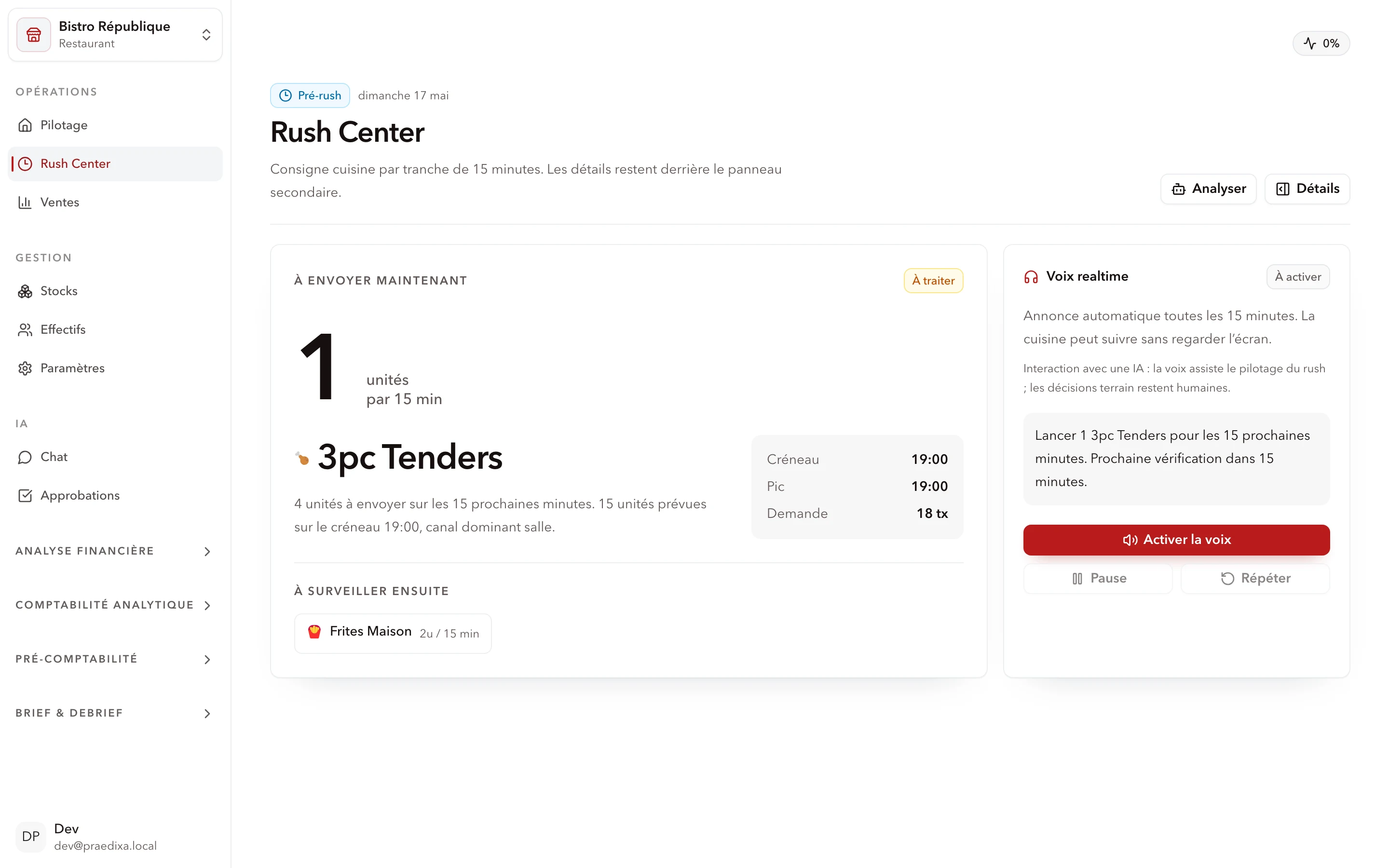 Rush Center Praedixa avec créneaux service, recommandations en temps réel et alertes terrain
